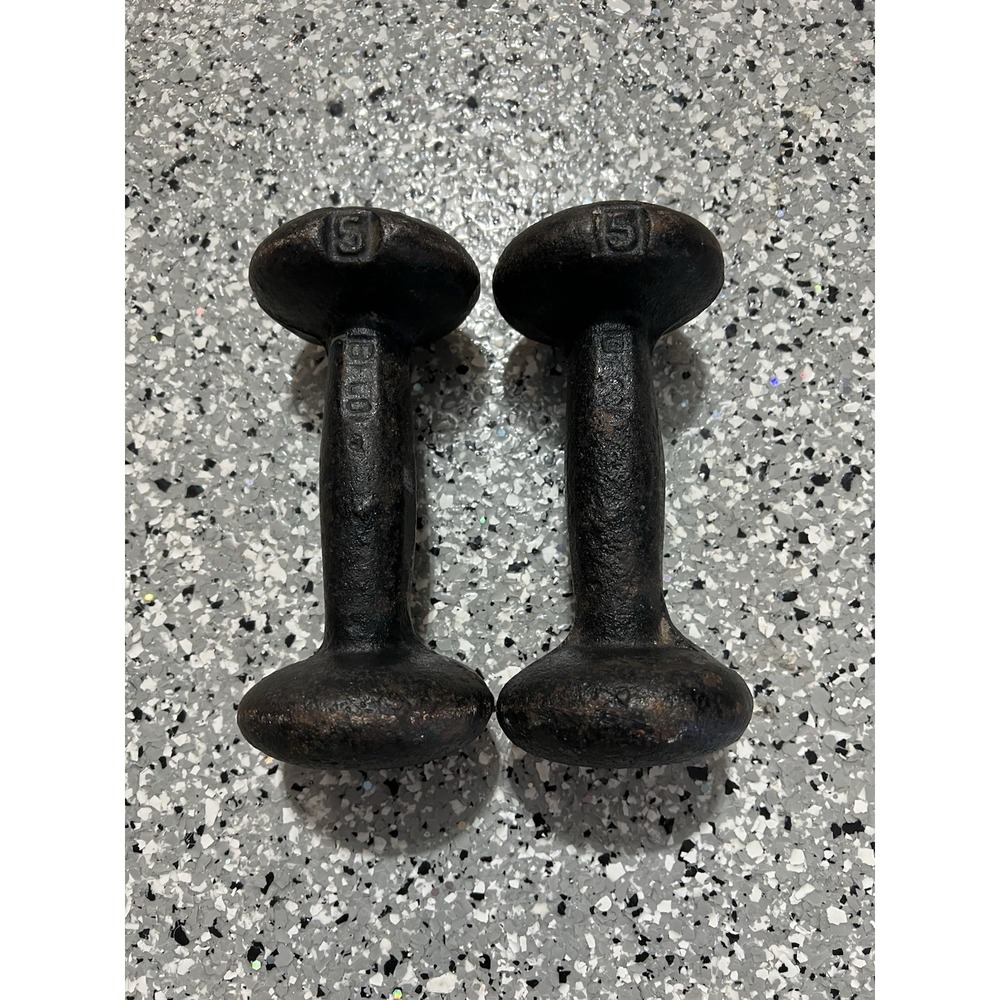 Vintage Cast Iron 5lb Dumbbell Pair Black Hand Weights Retro Gym